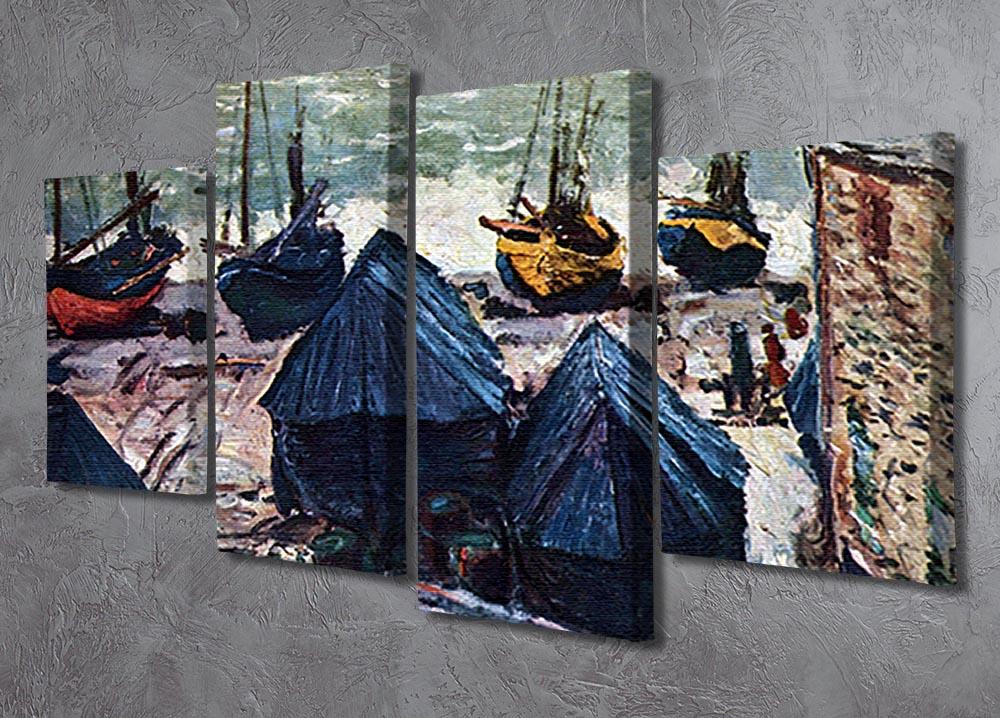 A 4-split canvas artwork featuring Monet's The Boats, showcasing serene water scenes with boats in vibrant colors.