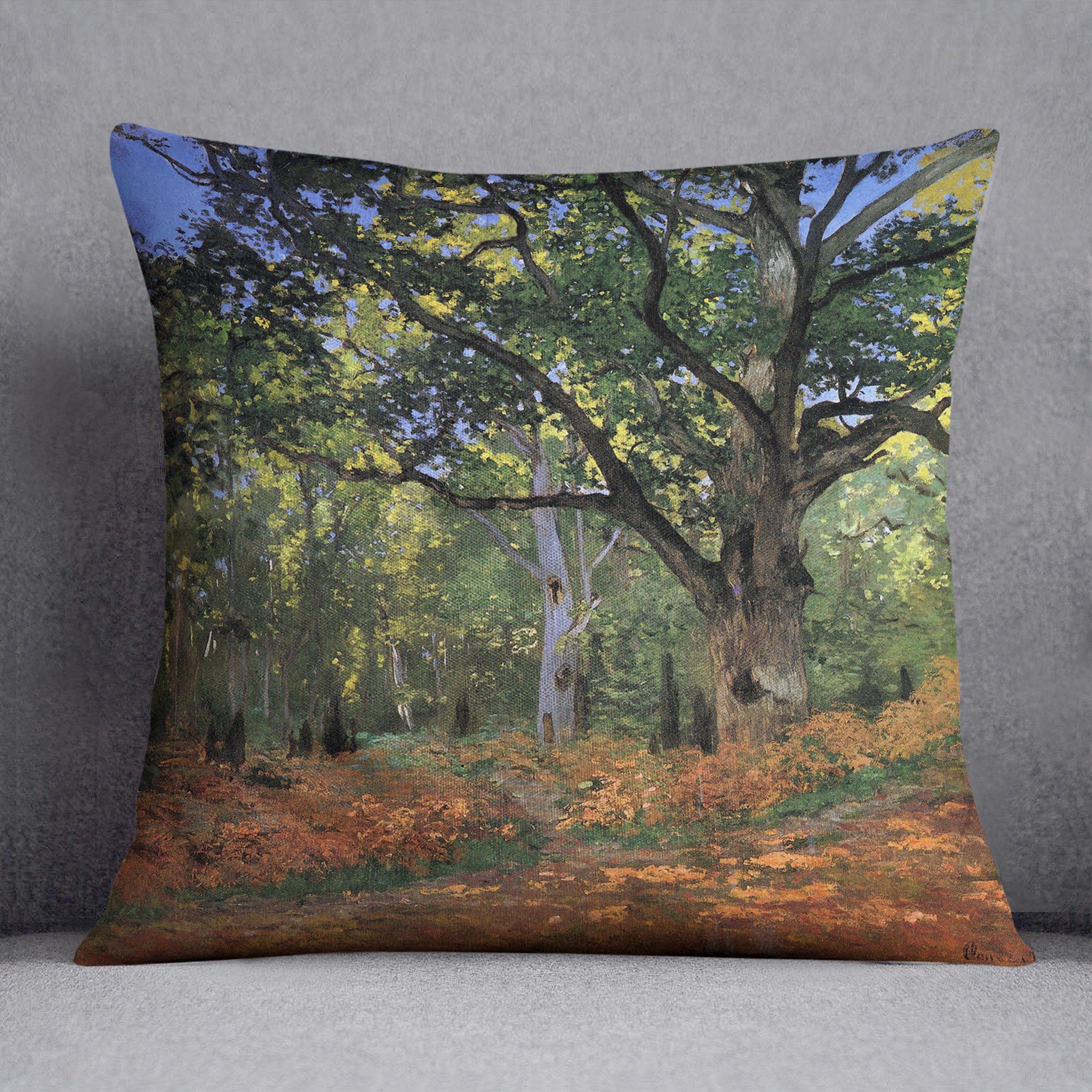 A vibrant cushion featuring The Bodmer Oak Fontainbleau Forest painting by Monet, made from luxurious vegan faux suede.