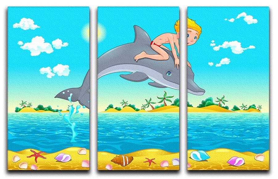 The Boy and the Dolphin 3 Split Panel Canvas Print showcasing vibrant colors and intricate details across three panels.