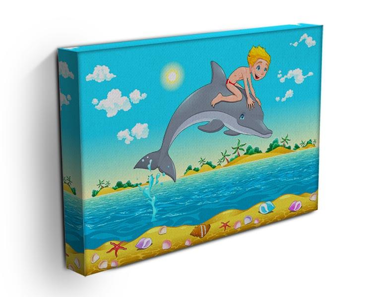 A beautiful canvas print featuring a boy and a dolphin, showcasing vibrant colors and intricate details.