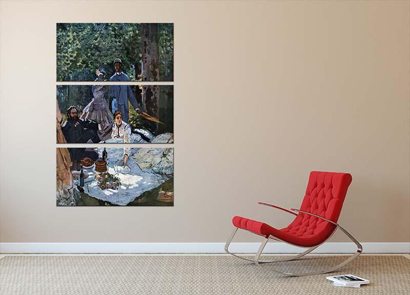 Three-panel canvas art featuring Monet's The Breakfast Outdoors, showcasing vibrant colors and intricate details.