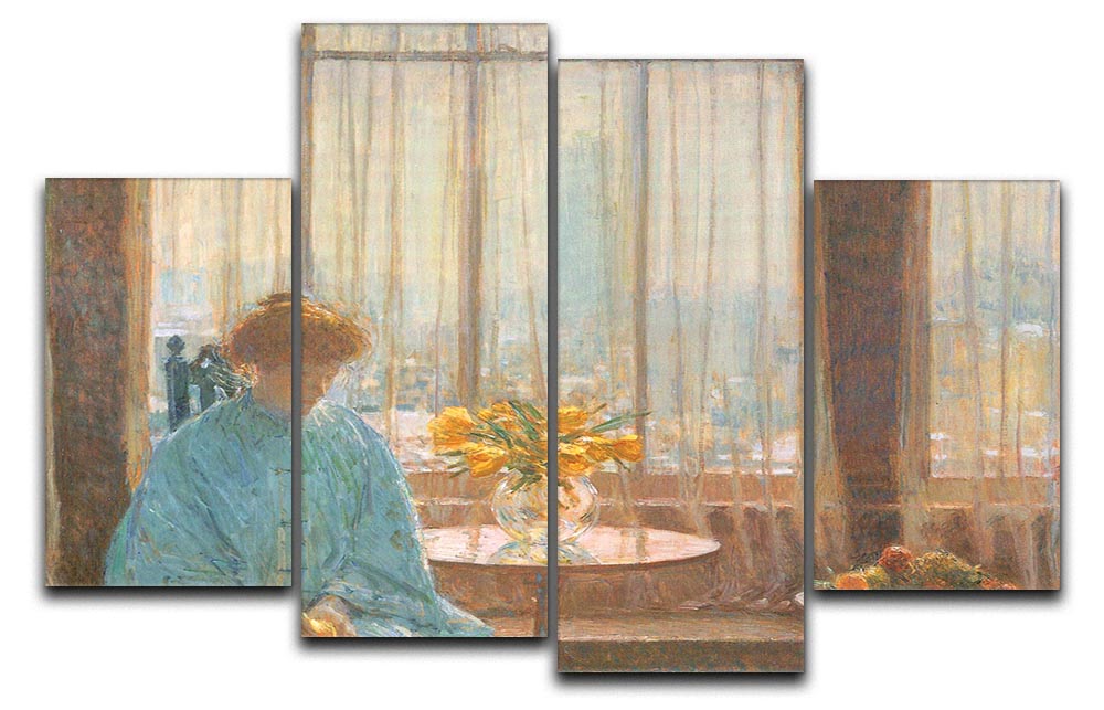 A beautiful 4-split canvas artwork titled The Breakfast Room Winter Morning by Hassam, depicting a serene winter scene.