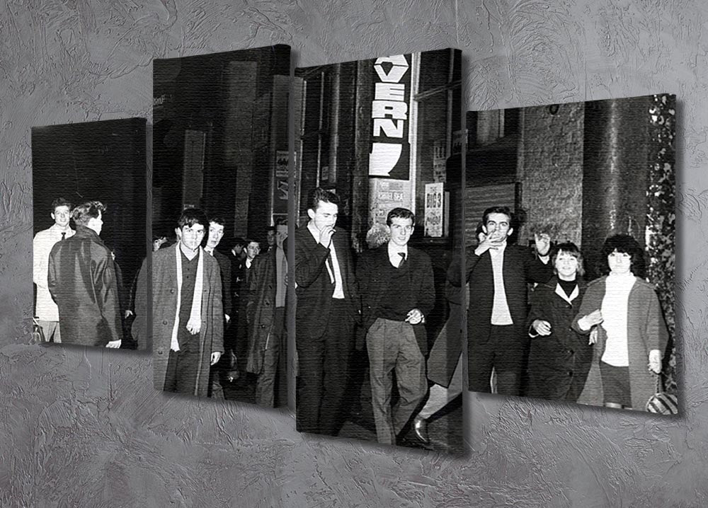 A vibrant 4-split canvas artwork depicting the iconic Cavern Club in Liverpool from 1964, showcasing its rich musical heritage.