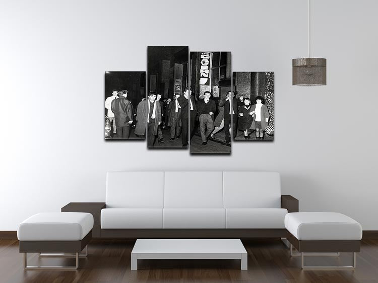 A vibrant 4-split canvas artwork depicting the iconic Cavern Club in Liverpool from 1964, showcasing its rich musical heritage.