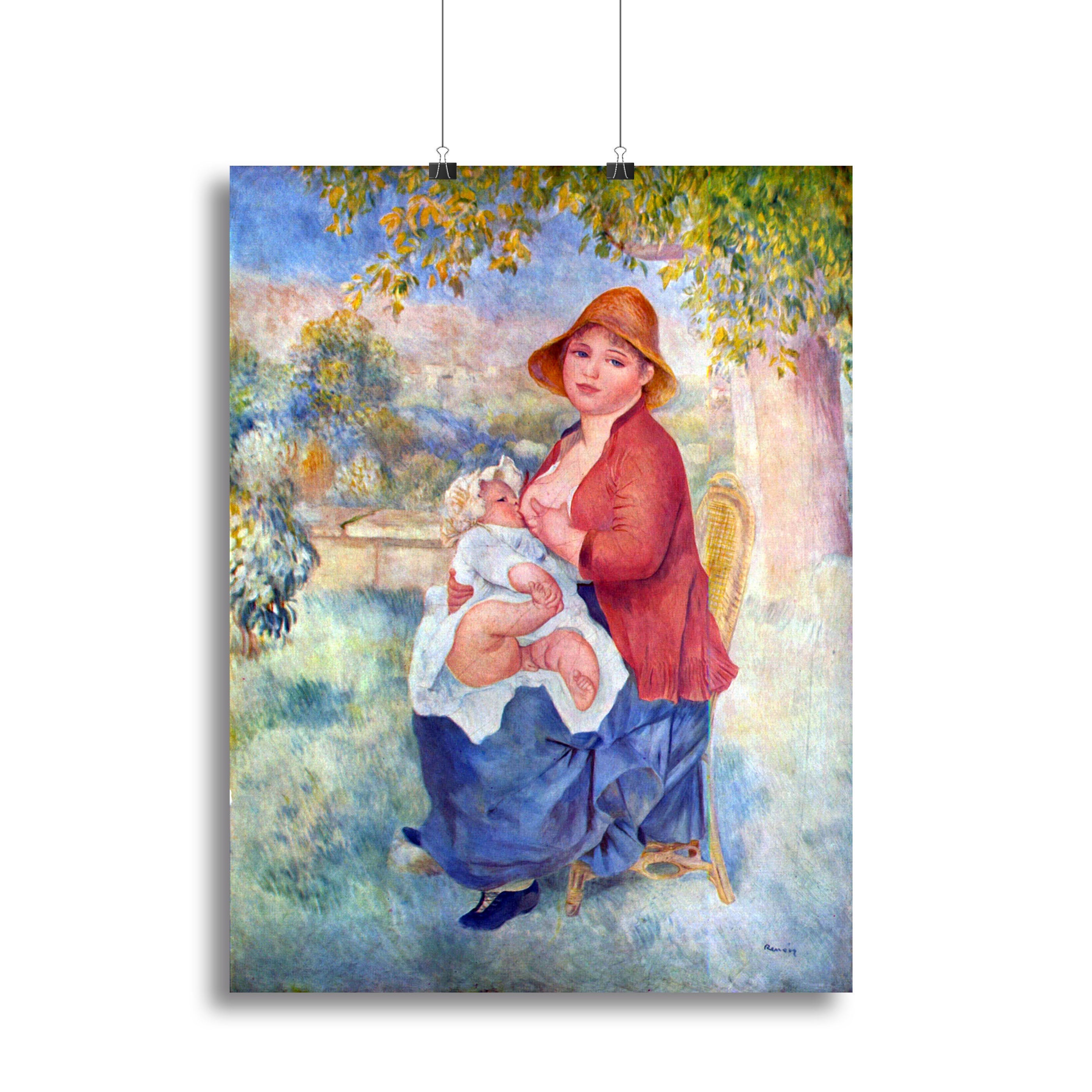 Canvas print or poster of Renoir's 'The Child at the Chest', depicting a mother and child in a tender embrace, showcasing vibrant colors and soft brushwork.
