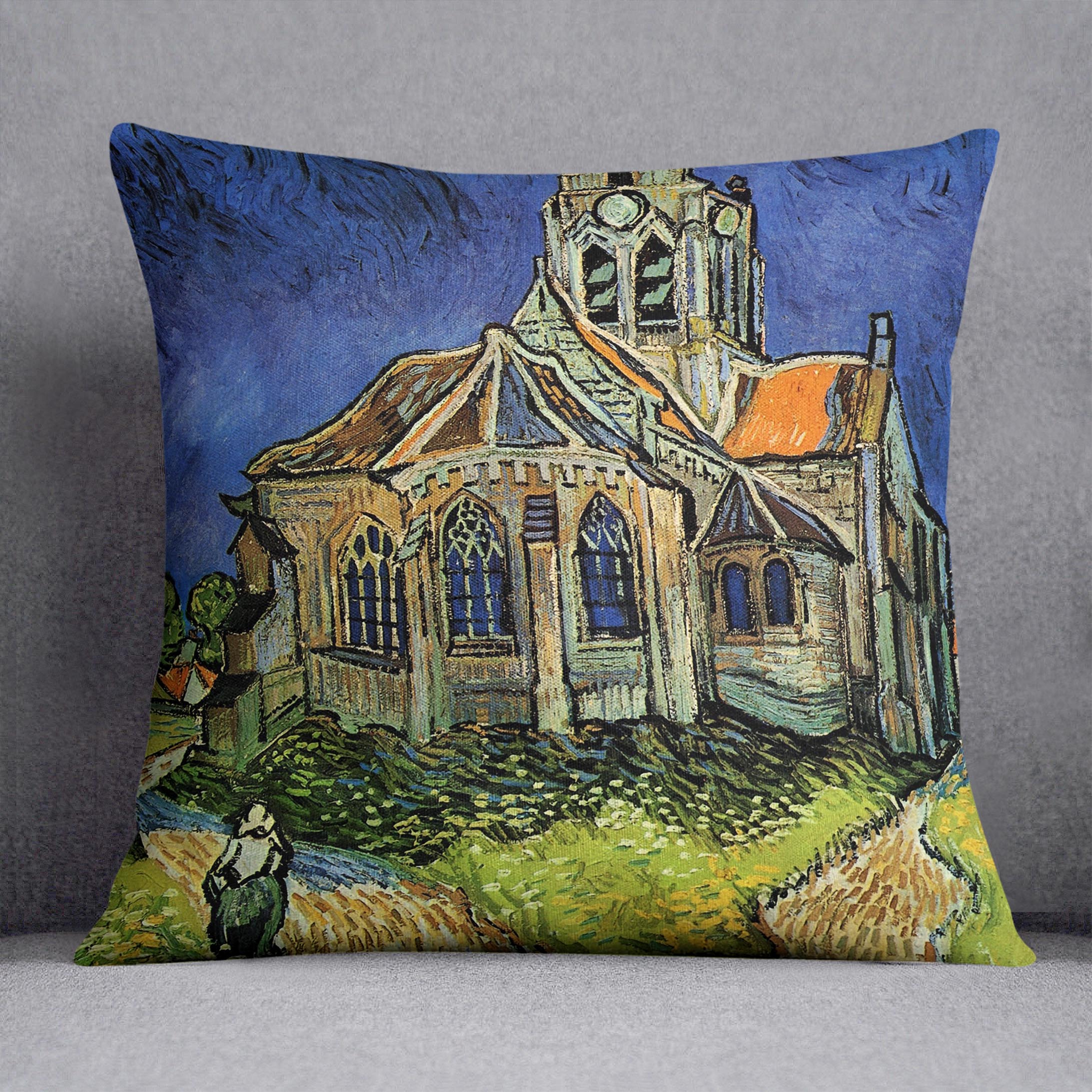 A vibrant cushion featuring Van Gogh's The Church at Auvers, made from luxurious vegan faux suede with plump filling.