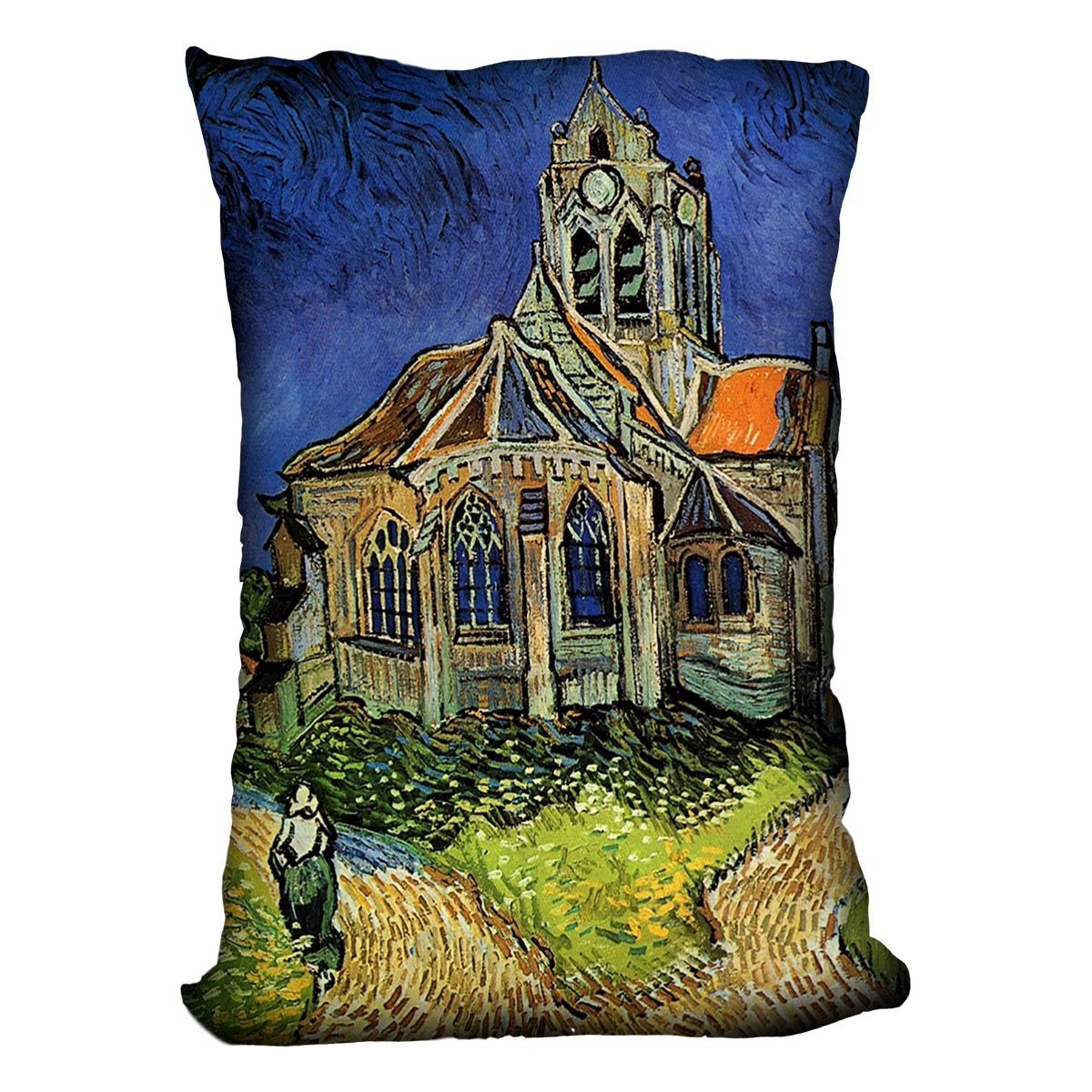 A vibrant cushion featuring Van Gogh's The Church at Auvers, made from luxurious vegan faux suede with plump filling.