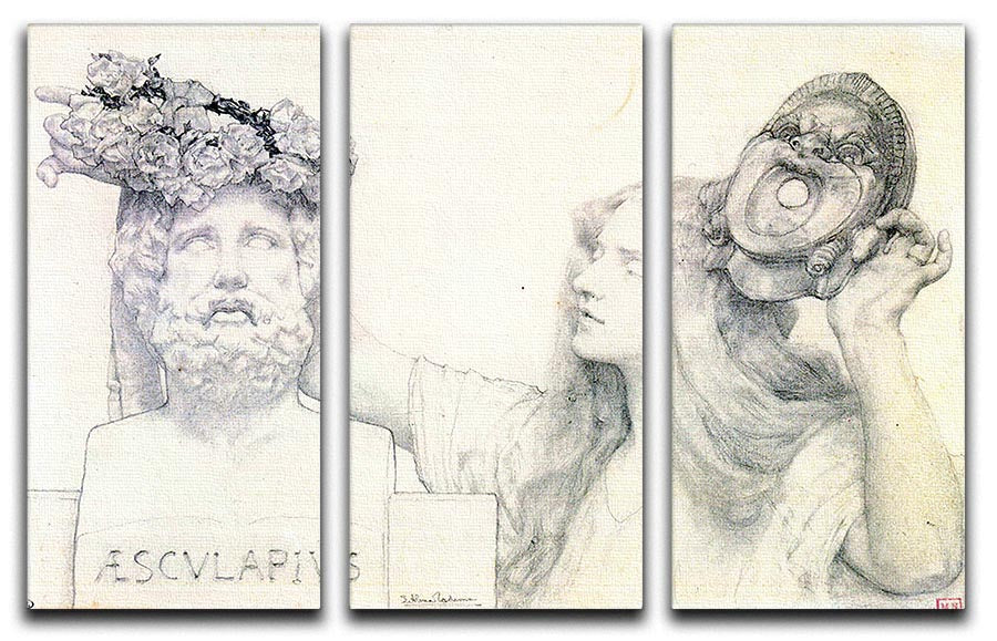 Three-panel canvas art featuring The Coronation of AESCULAPIUS by Alma Tadema, showcasing intricate details and vibrant colors.