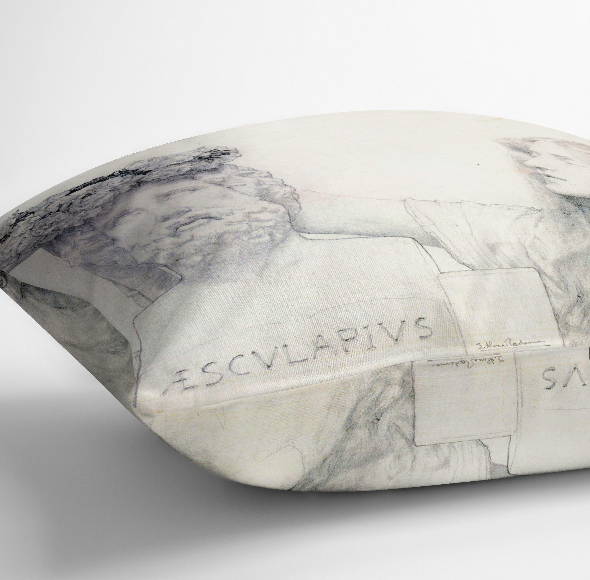 A vibrant abstract cushion featuring the coronation of AESCULAPIUS by Alma Tadema, made from luxurious vegan faux suede.