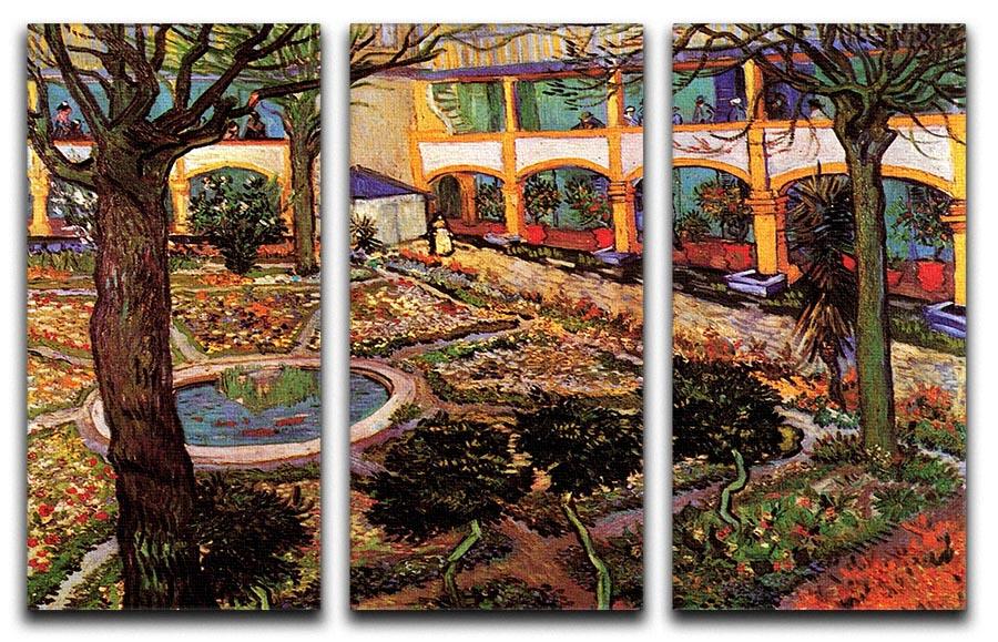Three-panel canvas art featuring Van Gogh's The Courtyard of the Hospital at Arles, showcasing vibrant colors and intricate details.