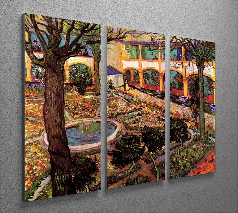 Three-panel canvas art featuring Van Gogh's The Courtyard of the Hospital at Arles, showcasing vibrant colors and intricate details.