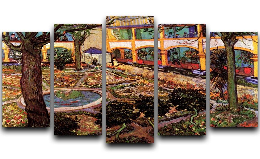 A 5 split panel canvas artwork depicting The Courtyard of the Hospital at Arles by Van Gogh, showcasing vibrant colors and intricate details.