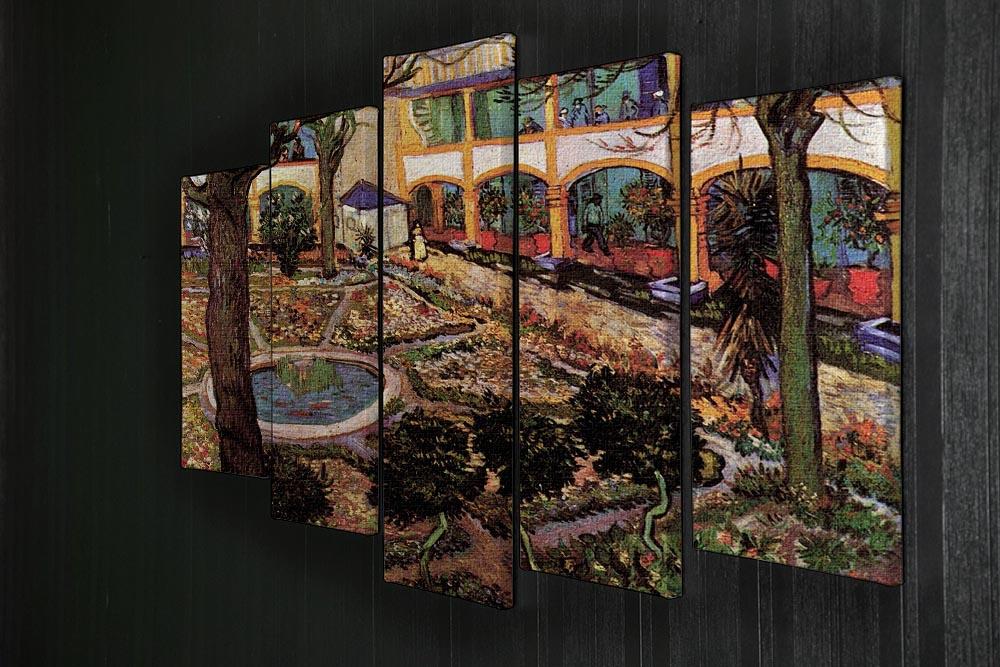 A 5 split panel canvas artwork depicting The Courtyard of the Hospital at Arles by Van Gogh, showcasing vibrant colors and intricate details.