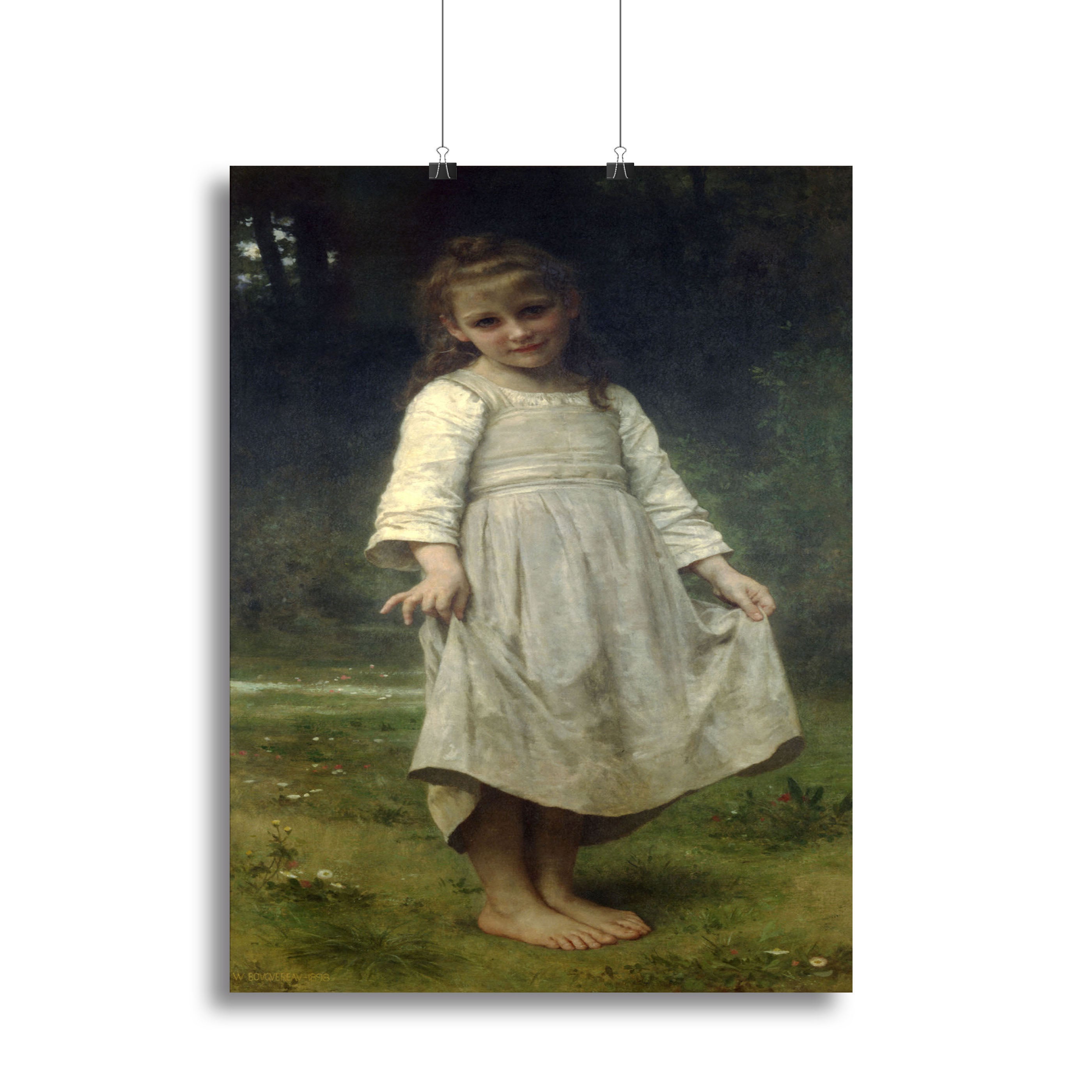 The Curtsey By Bouguereau canvas print featuring a young girl in a graceful pose, showcasing elegance and charm.