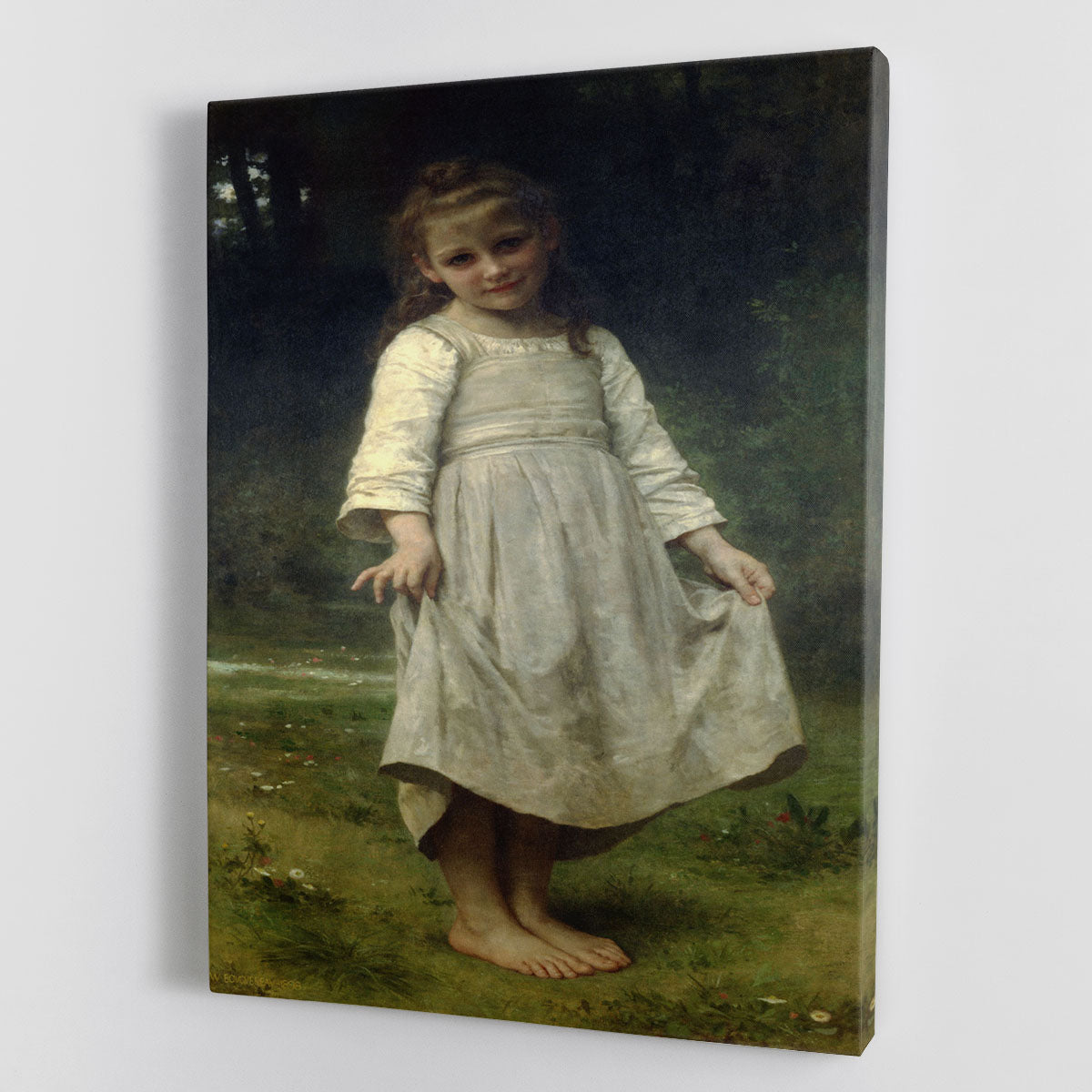 The Curtsey By Bouguereau canvas print featuring a young girl in a graceful pose, showcasing elegance and charm.