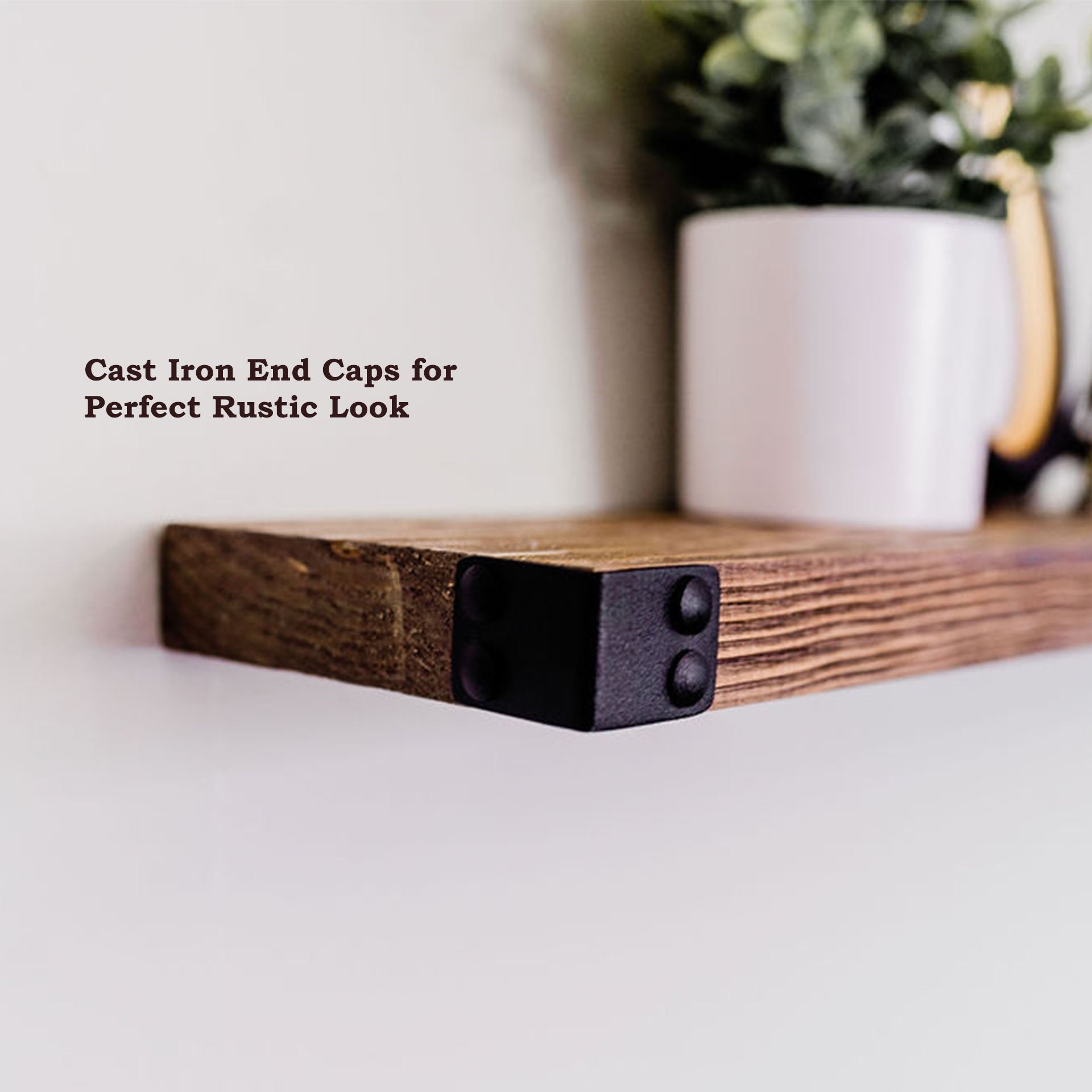 The Dennis floating shelves featuring a light walnut stain and industrial iron corners, showcasing a modern rustic design.