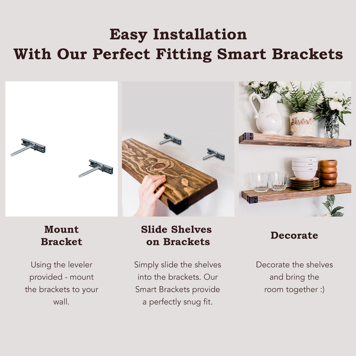 The Dennis floating shelves featuring a light walnut stain and industrial iron corners, showcasing a modern rustic design.