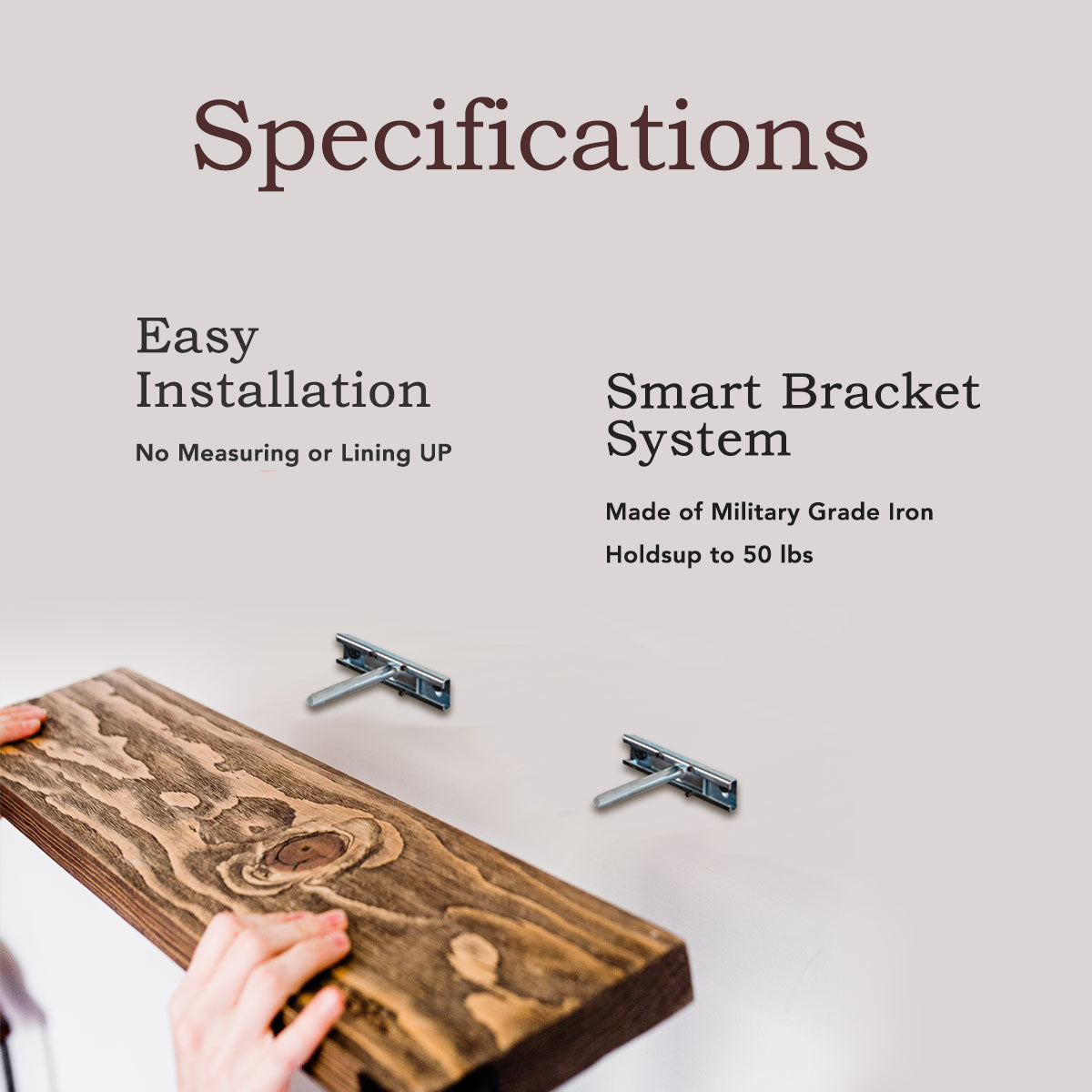 The Dennis floating shelves featuring a light walnut stain and industrial iron corners, showcasing a modern rustic design.