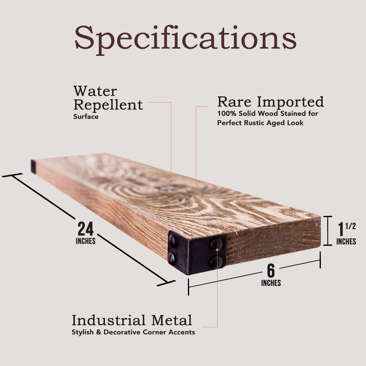 The Dennis floating shelves featuring a light walnut stain and industrial iron corners, showcasing a modern rustic design.