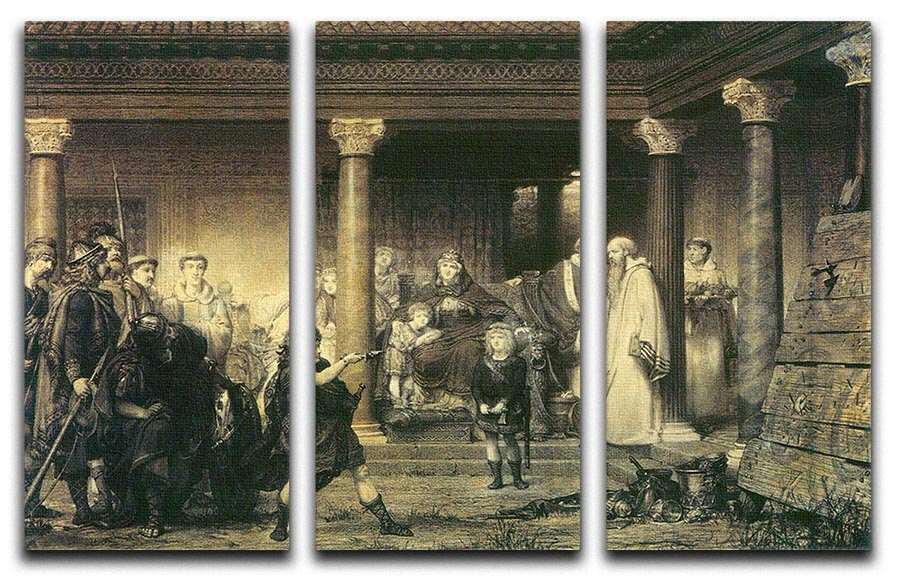 A stunning 3-panel canvas art piece titled 'The Education of Children Clovis' by Alma Tadema, showcasing intricate details and vibrant colors.