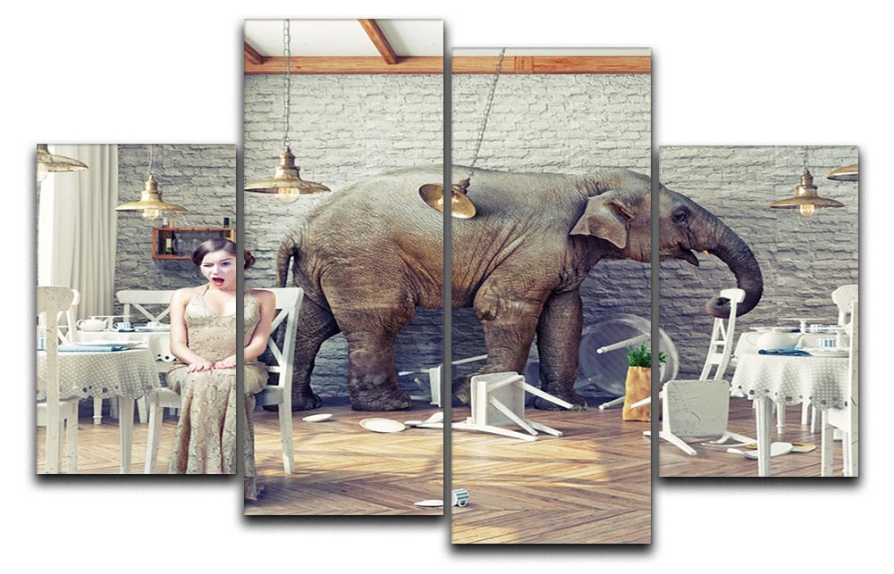 A serene elephant calm artwork displayed as a 4-split canvas in a restaurant interior, showcasing a tranquil atmosphere.