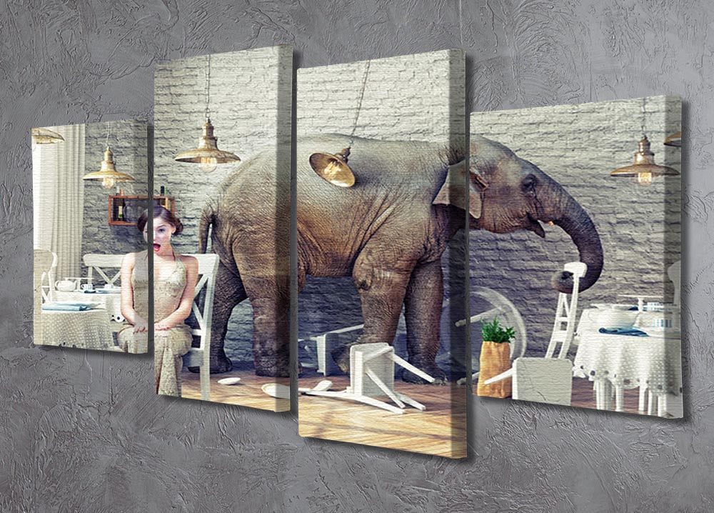 A serene elephant calm artwork displayed as a 4-split canvas in a restaurant interior, showcasing a tranquil atmosphere.