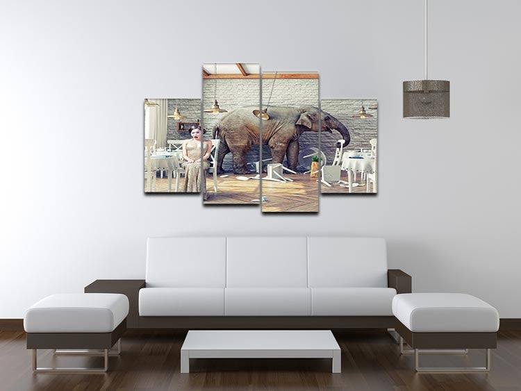 A serene elephant calm artwork displayed as a 4-split canvas in a restaurant interior, showcasing a tranquil atmosphere.