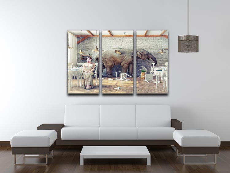 A stunning 3-panel canvas art featuring an elephant in a calm restaurant interior, showcasing elegance and tranquility.
