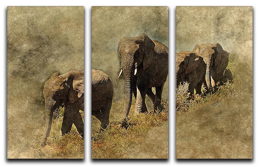 The Elephants March 3 Split Panel Canvas Print showcasing three panels of elegant elephant artwork, perfect for home decor.