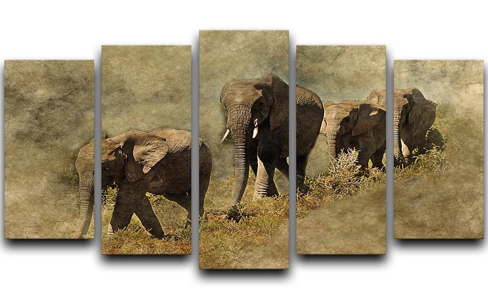 A stunning 5-split canvas artwork featuring majestic elephants, creating a dynamic and engaging visual display.