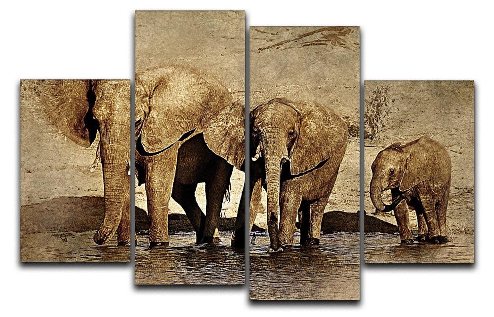 The Elephants March Version 2 4 Split Panel Canvas showcasing four panels of vibrant elephant artwork, creating a cohesive and dynamic display.
