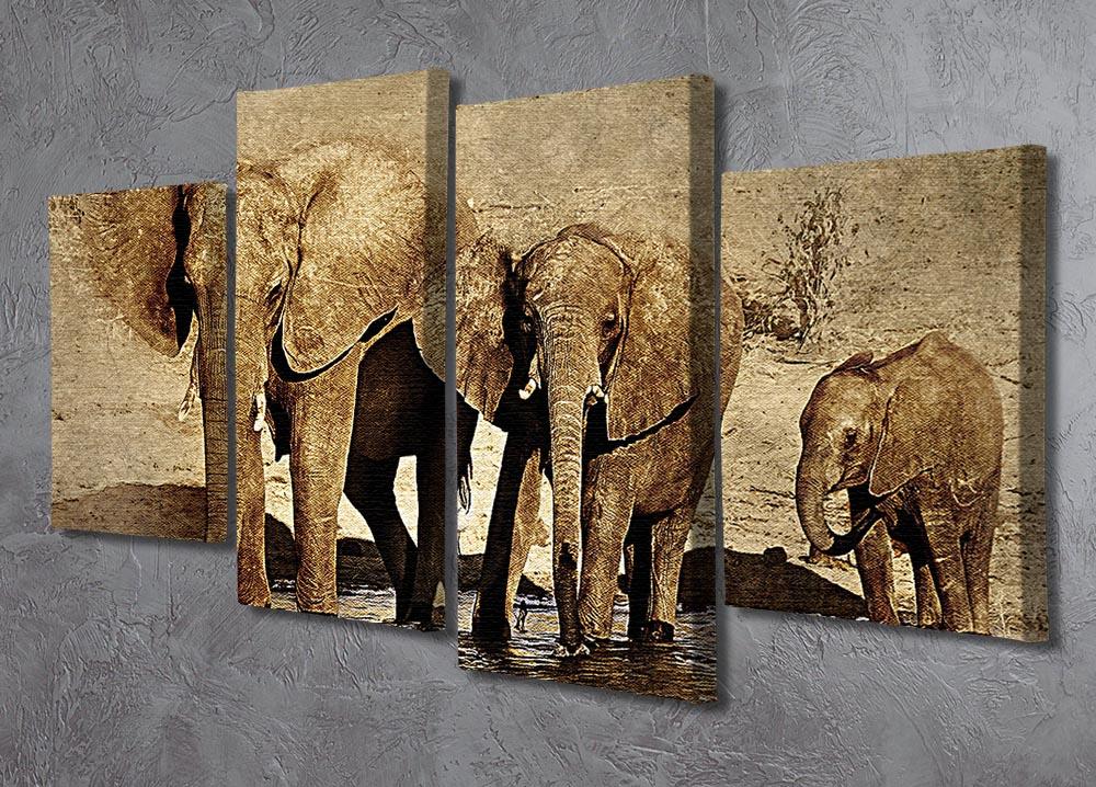 The Elephants March Version 2 4 Split Panel Canvas showcasing four panels of vibrant elephant artwork, creating a cohesive and dynamic display.