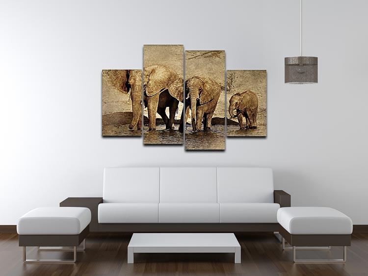 The Elephants March Version 2 4 Split Panel Canvas showcasing four panels of vibrant elephant artwork, creating a cohesive and dynamic display.