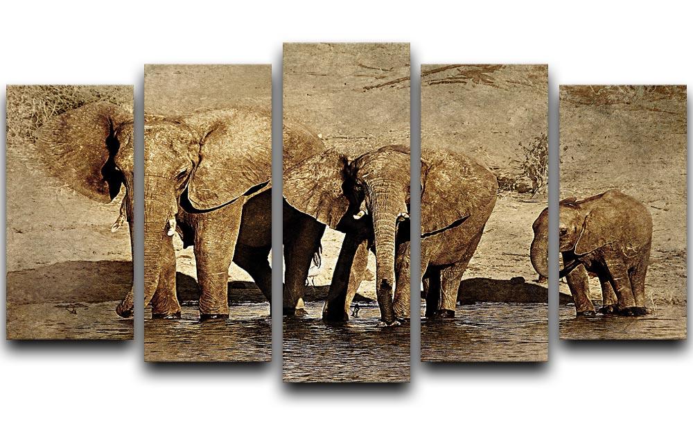 A stunning 5-split canvas artwork featuring elephants in a vibrant natural setting, perfect for home decor.