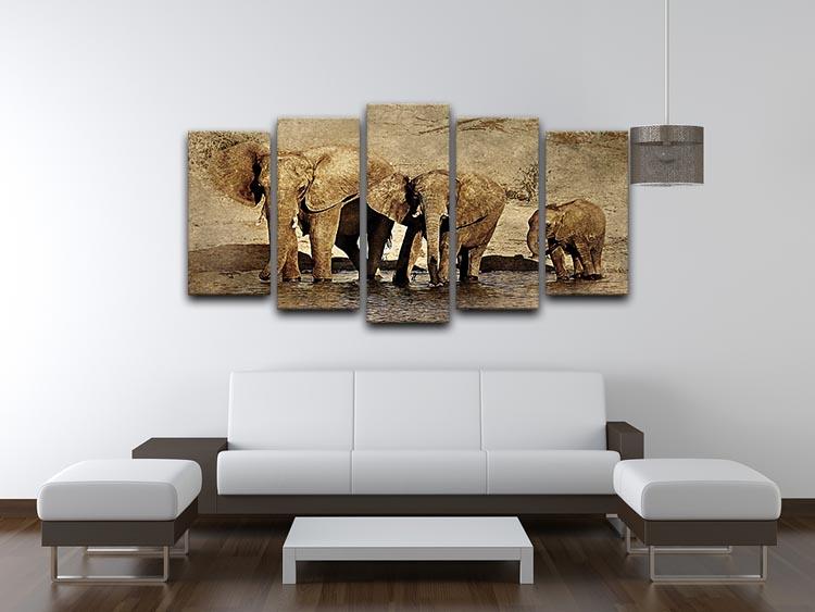 A stunning 5-split canvas artwork featuring elephants in a vibrant natural setting, perfect for home decor.