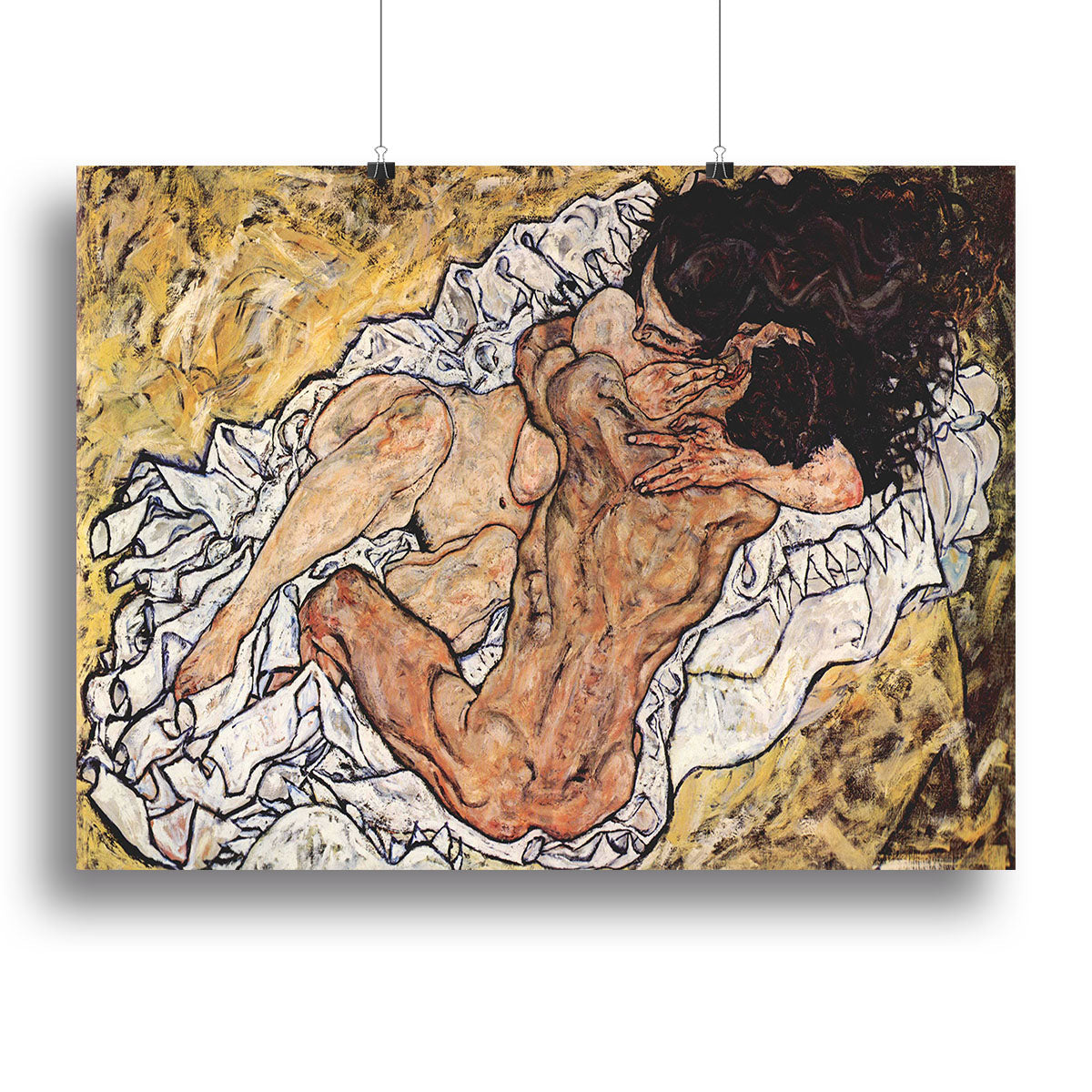 Canvas print of 'The Embrace' by Egon Schiele, showcasing vibrant colors and emotional depth in modern art.