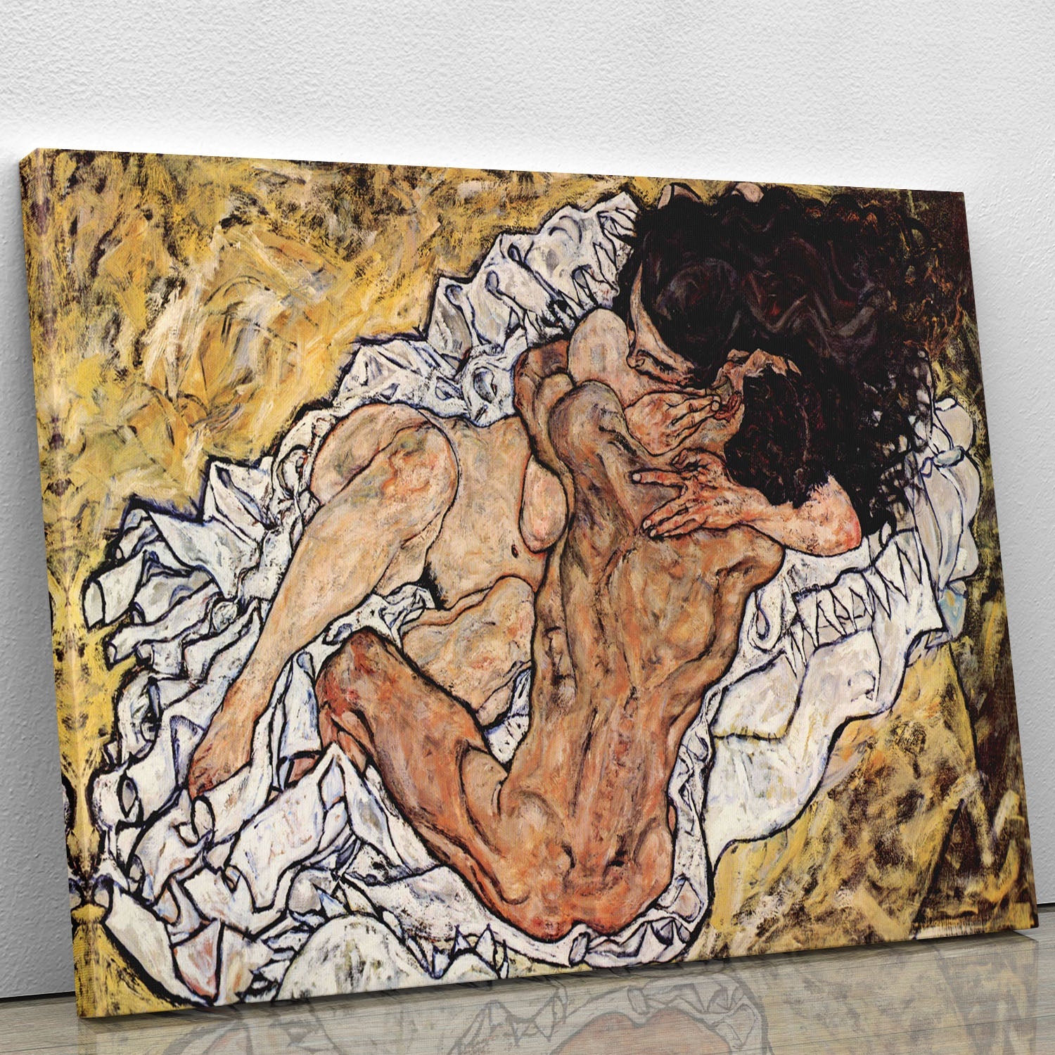 Canvas print of 'The Embrace' by Egon Schiele, showcasing vibrant colors and emotional depth in modern art.