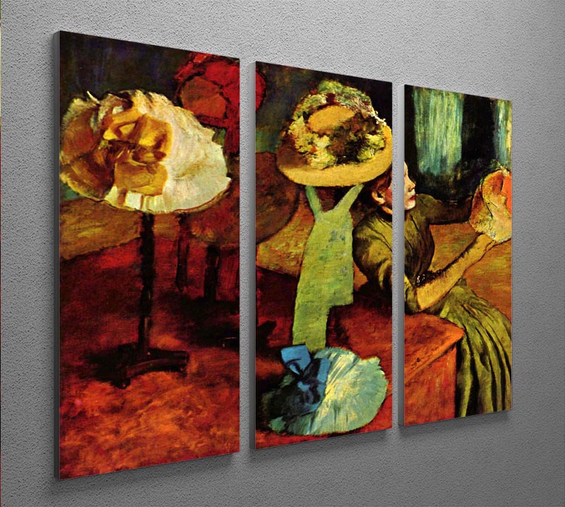 Three-panel canvas print featuring Degas's The Fashion Shop, showcasing elegant colors and intricate details.