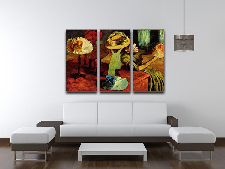 Three-panel canvas print featuring Degas's The Fashion Shop, showcasing elegant colors and intricate details.
