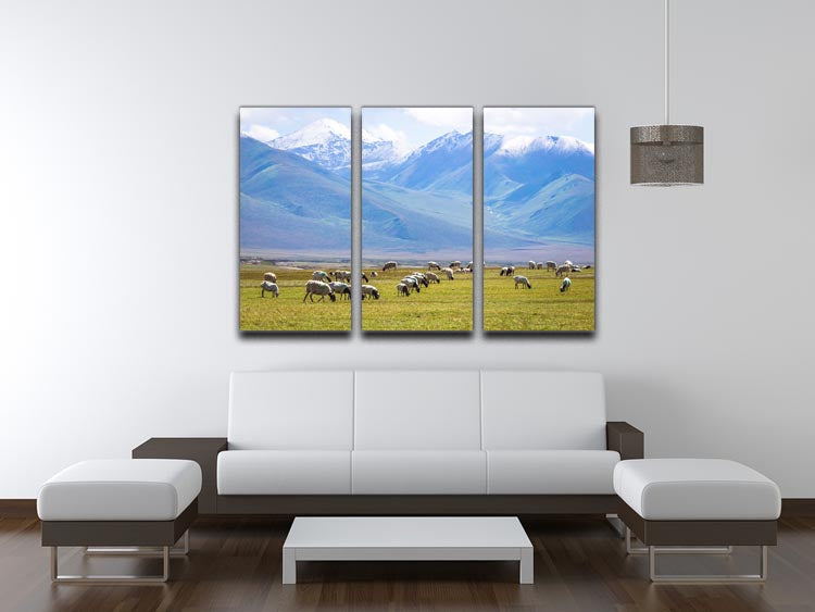 A beautiful 3-panel canvas print featuring a flock of birds under a snow-capped mountain, enhancing any interior space.