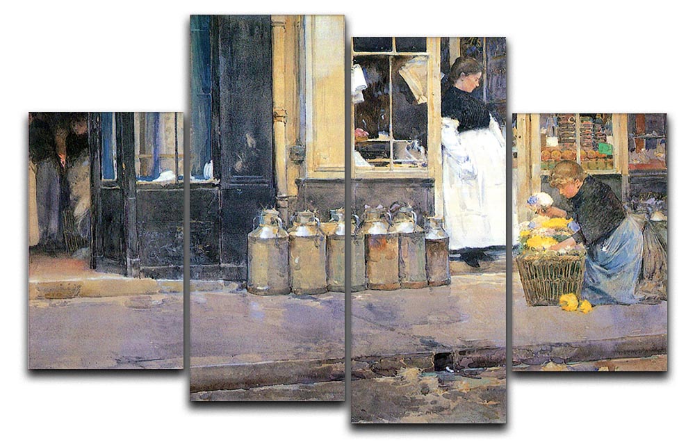 A beautiful 4-split panel canvas artwork titled The Flower Girls and the Milk Vendor by Hassam, showcasing vibrant colors and intricate details.