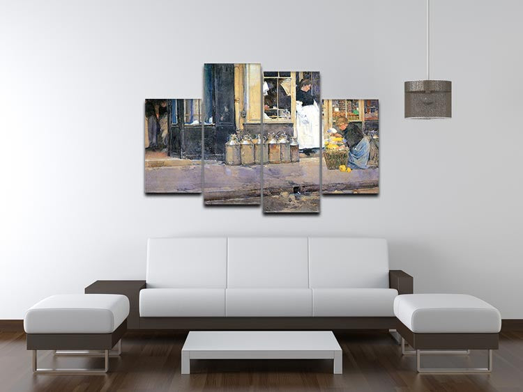 A beautiful 4-split panel canvas artwork titled The Flower Girls and the Milk Vendor by Hassam, showcasing vibrant colors and intricate details.