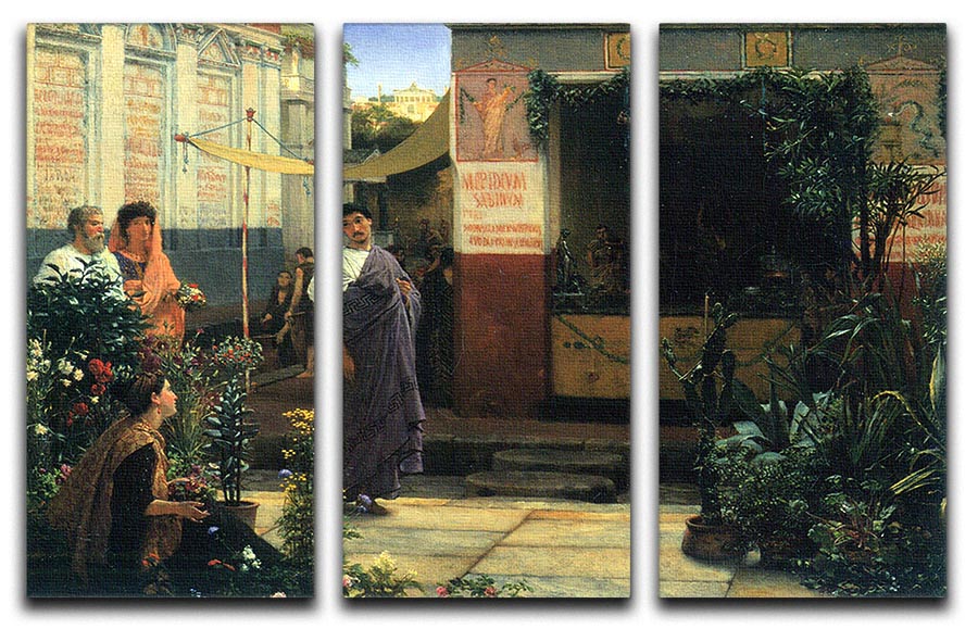 Three-panel canvas print of The Flower Market by Alma Tadema, showcasing vibrant colors and intricate details.