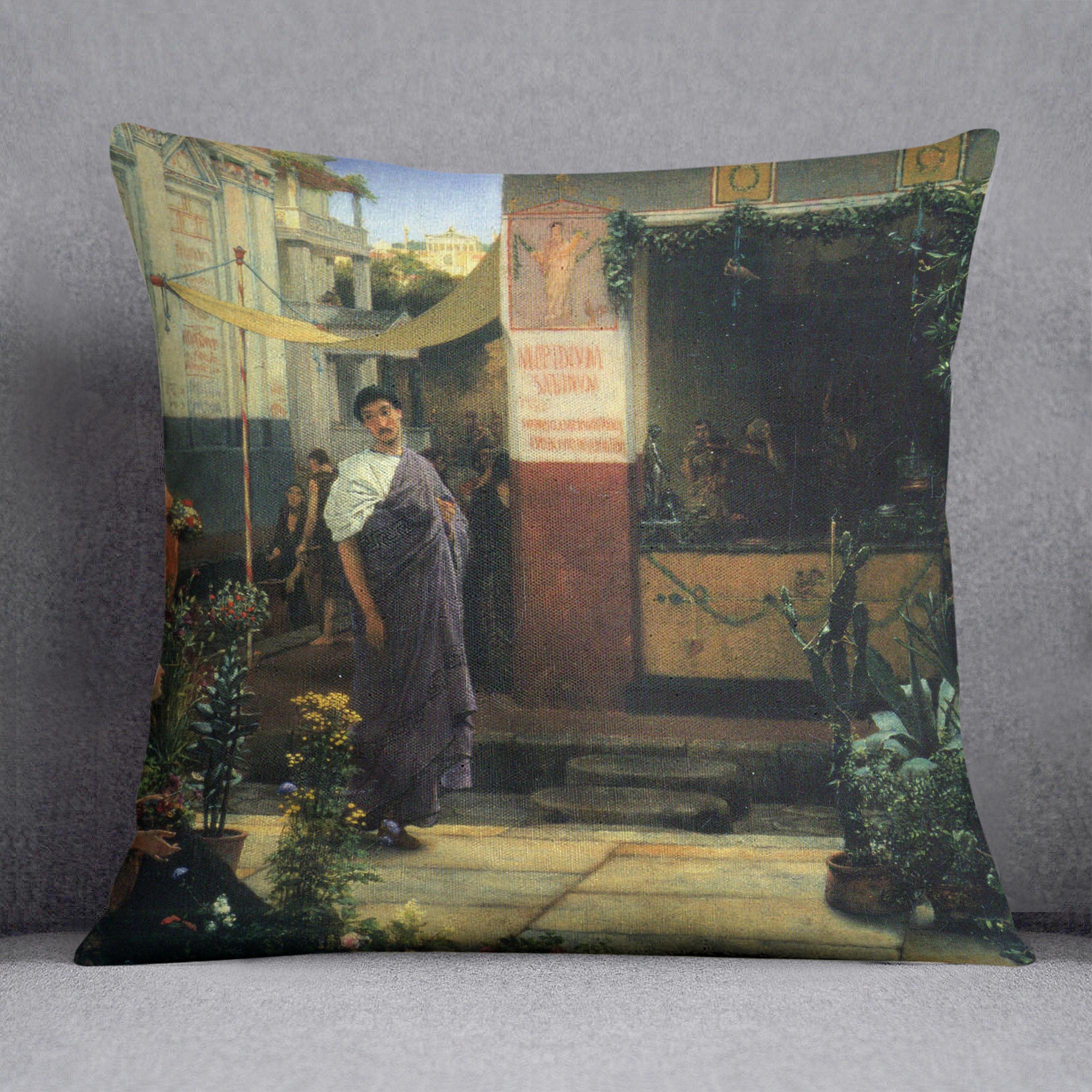 The Flower Market by Alma Tadema Cushion featuring vibrant abstract designs on luxurious vegan faux suede.