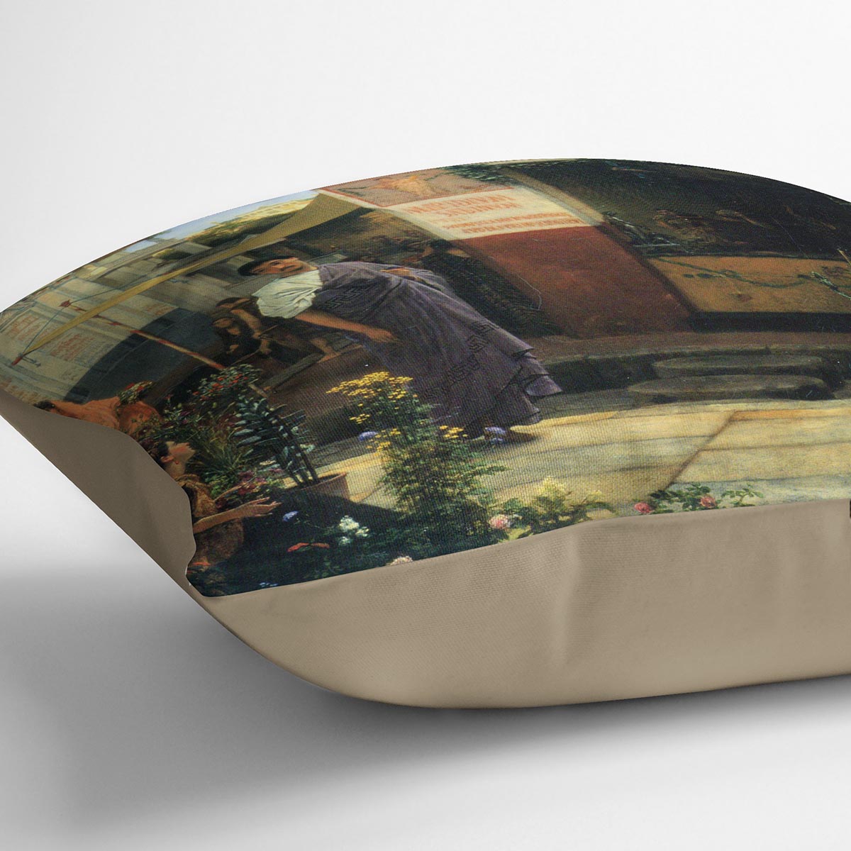 The Flower Market by Alma Tadema Cushion featuring vibrant abstract designs on luxurious vegan faux suede.