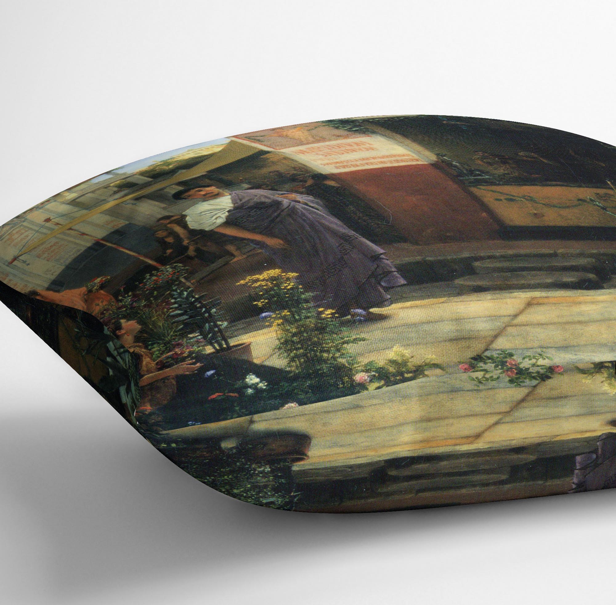 The Flower Market by Alma Tadema Cushion featuring vibrant abstract designs on luxurious vegan faux suede.