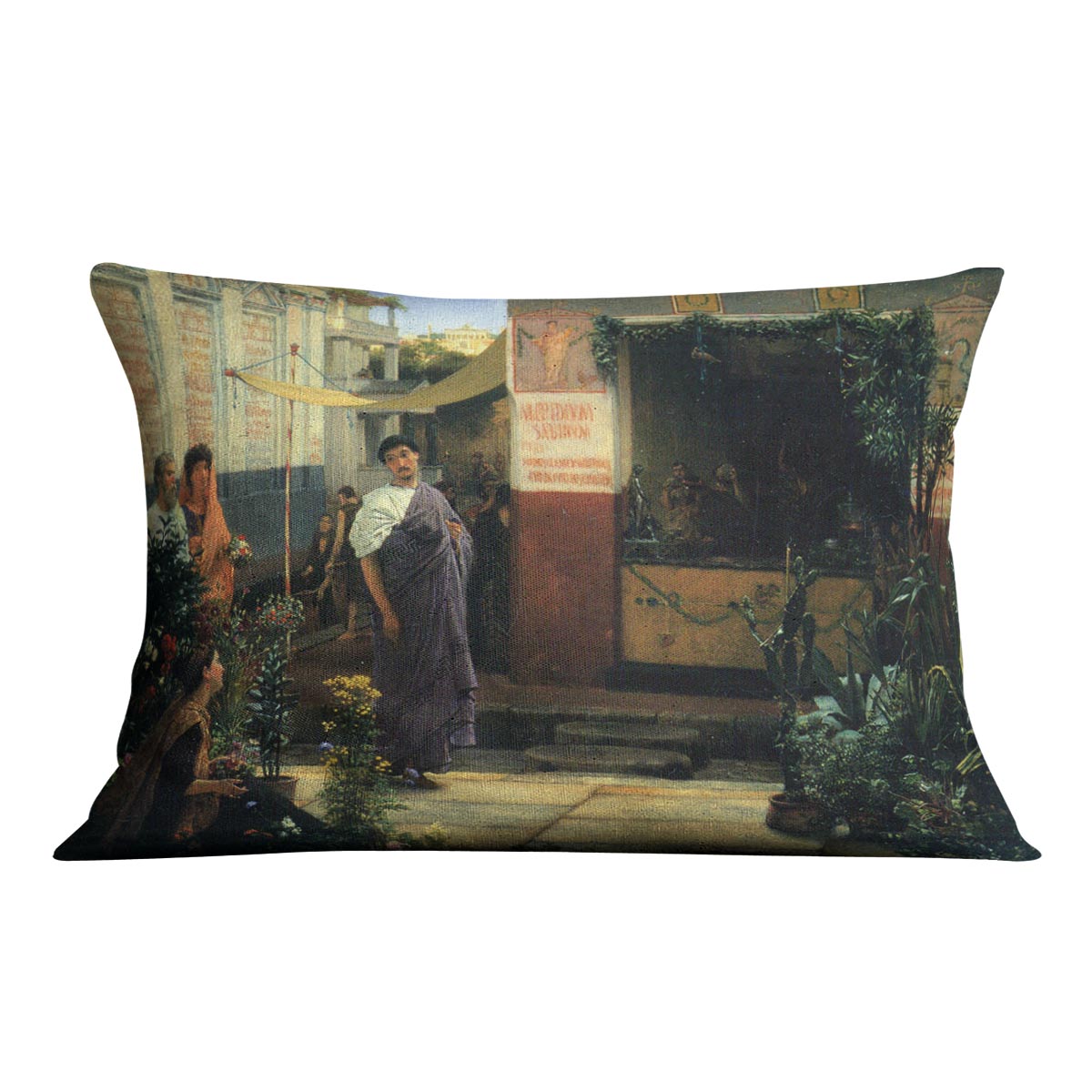 The Flower Market by Alma Tadema Cushion featuring vibrant abstract designs on luxurious vegan faux suede.