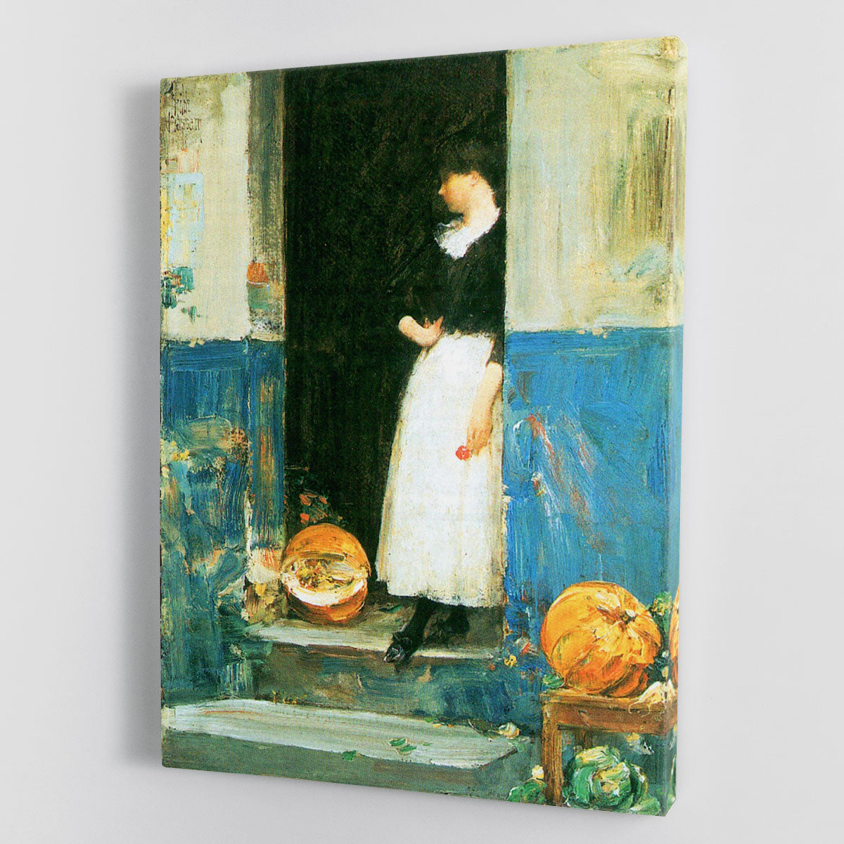 The Fruit Trader by Hassam canvas print showcasing vibrant fruits in a still life composition, perfect for home decor.