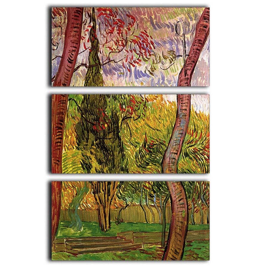 Three-panel canvas art featuring Van Gogh's The Garden of Saint-Paul Hospital, showcasing vibrant colors and intricate details.