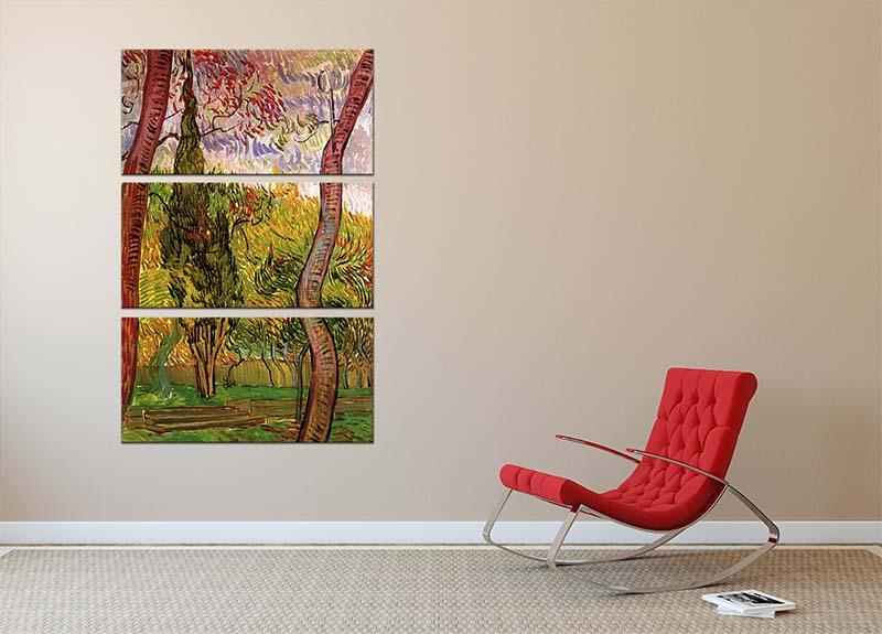 Three-panel canvas art featuring Van Gogh's The Garden of Saint-Paul Hospital, showcasing vibrant colors and intricate details.
